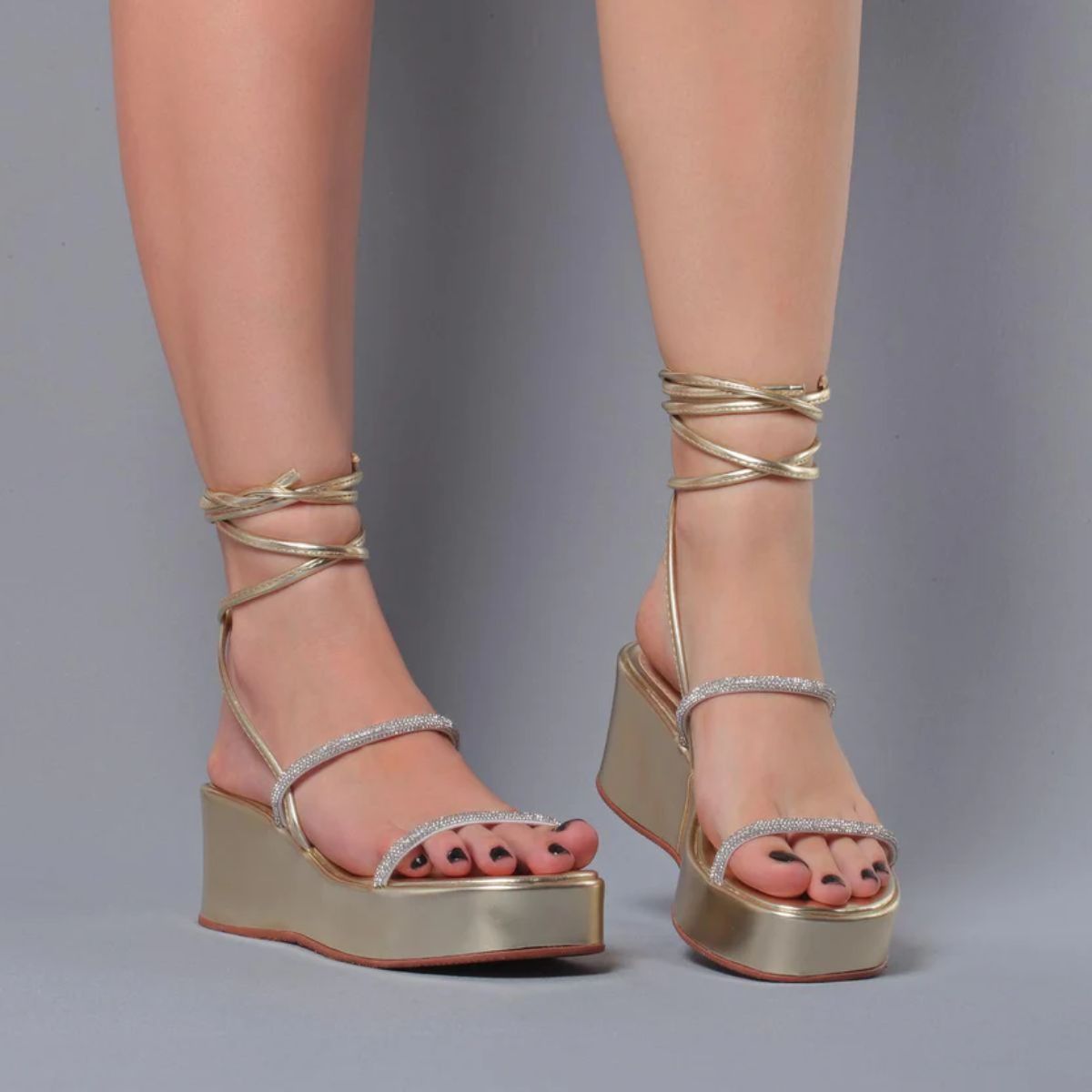 Sandália Plataforma Strass AYO16 Ouro